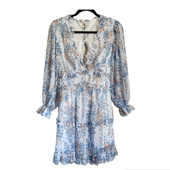 Spring Summer‎ Deep V-Neck Ruffle Long Sleeve Floral Print Mini Dress Sz S - Picture 13 of 13